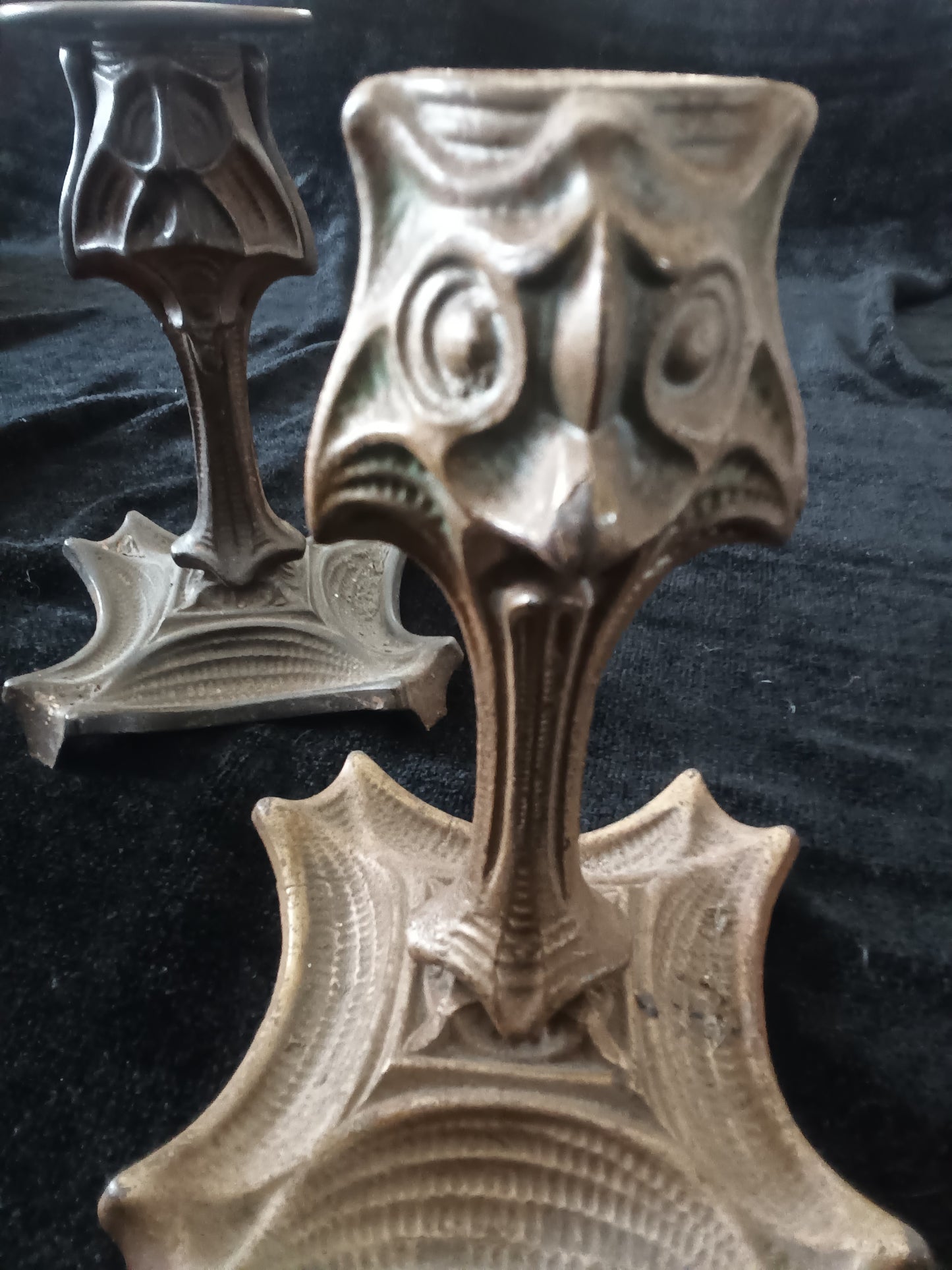 Antique Art Nouveau Patinated Copper Figural Candlestick Holder Pair