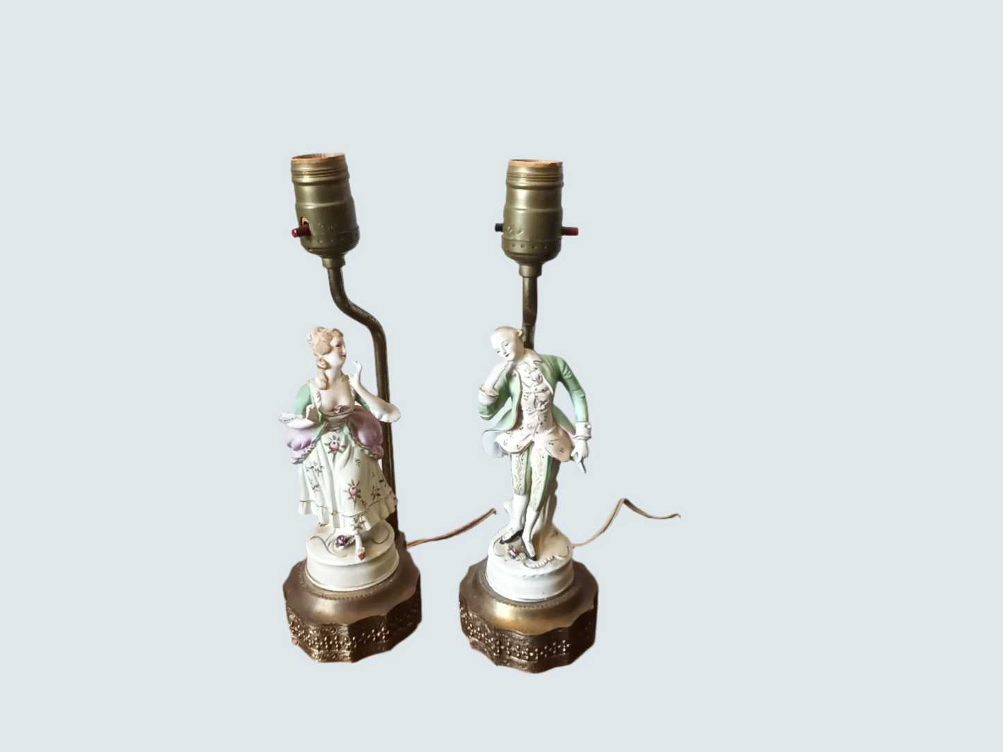 Vintage Boudoir Pair Lamps Handpainted Figurines In 17th Century Clothing