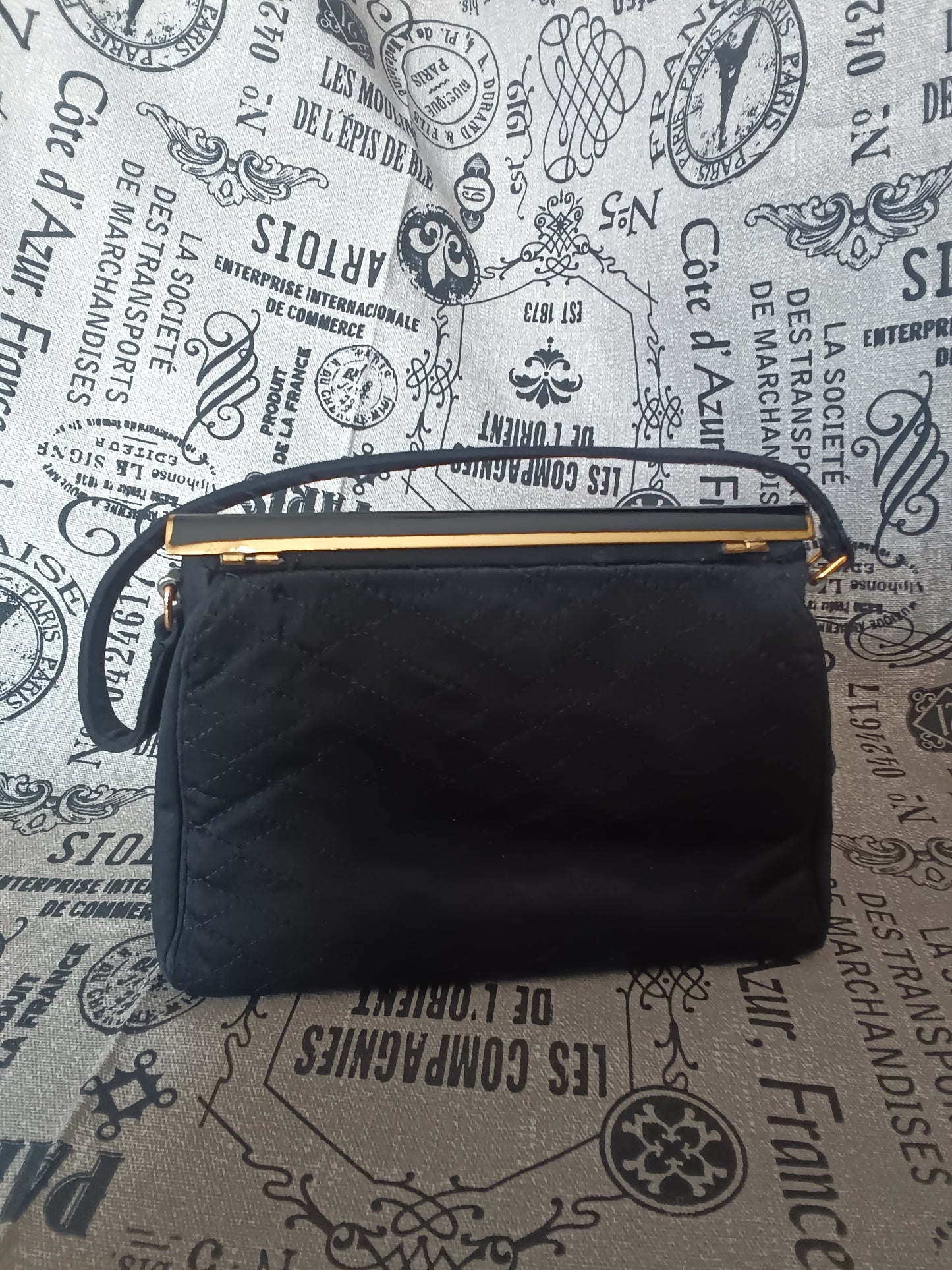 Vintage Quilted Satin Evening Bag with Enameled Brass Closure