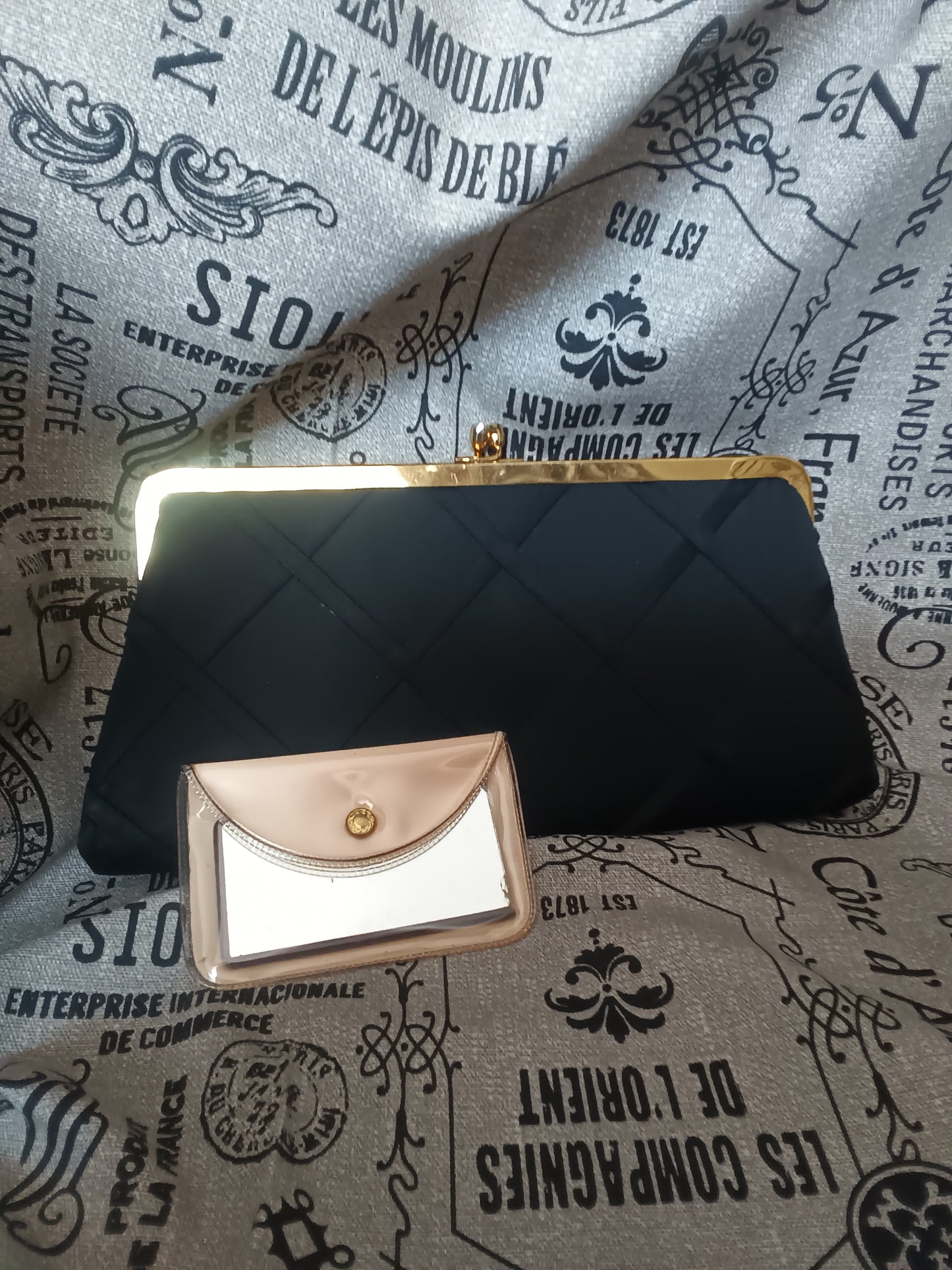 Vintage Black Satin Clutch Bag with Brass Trim Closure