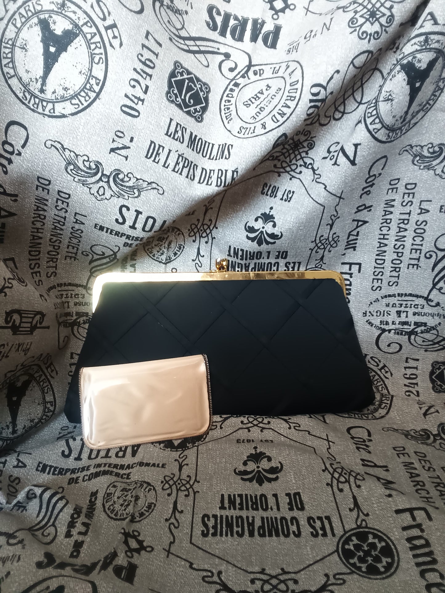 Vintage Black Satin Clutch Bag with Brass Trim Closure