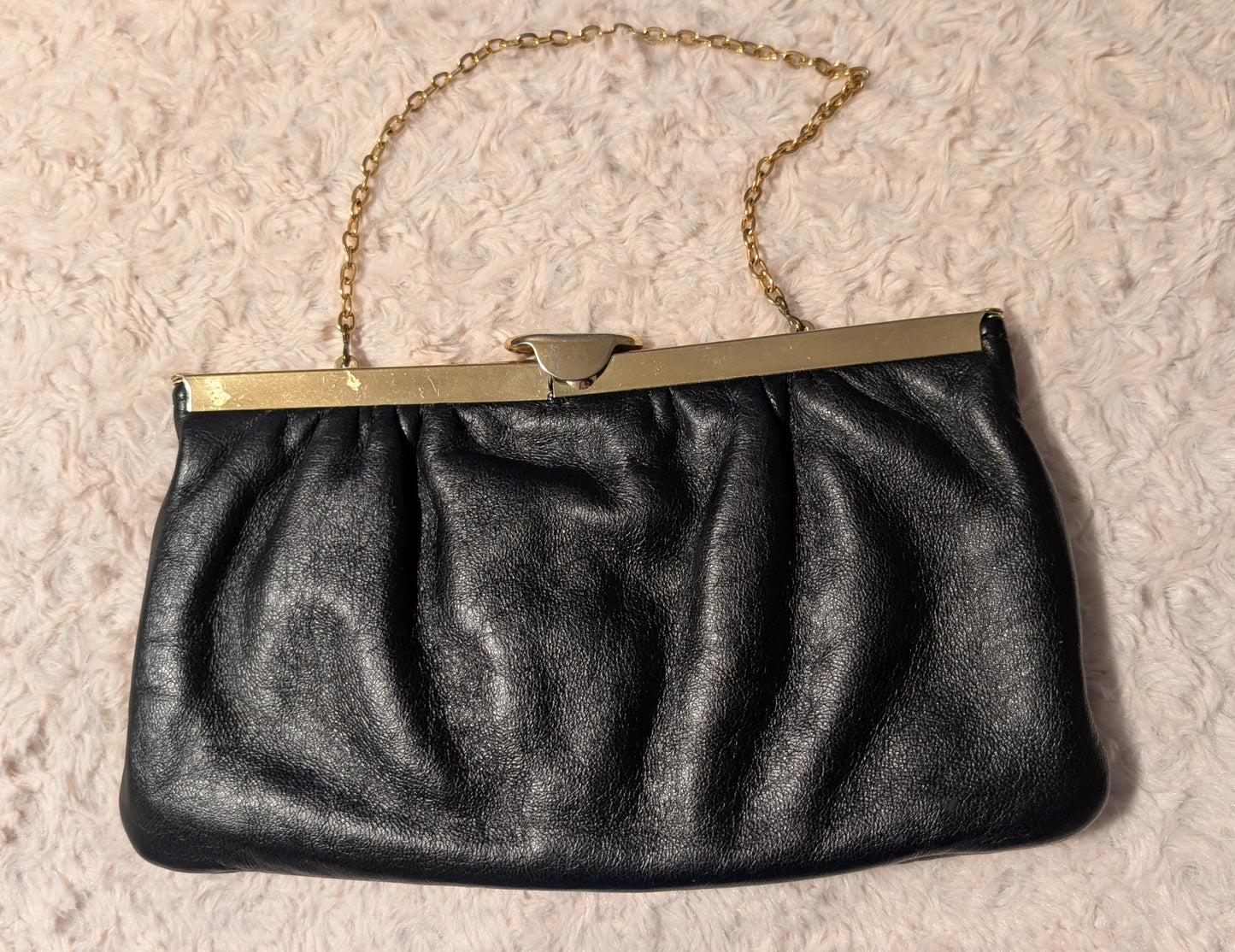 Vintage Black Leather & Brass Clutch Purse