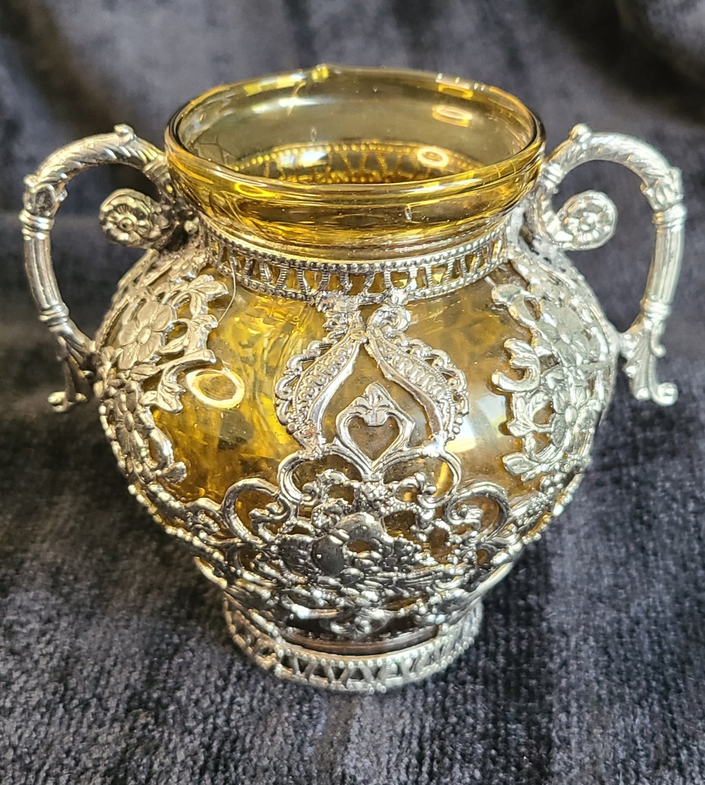 Vintage Small Glass Vase -Metal Filigree Bird & Floral Motif