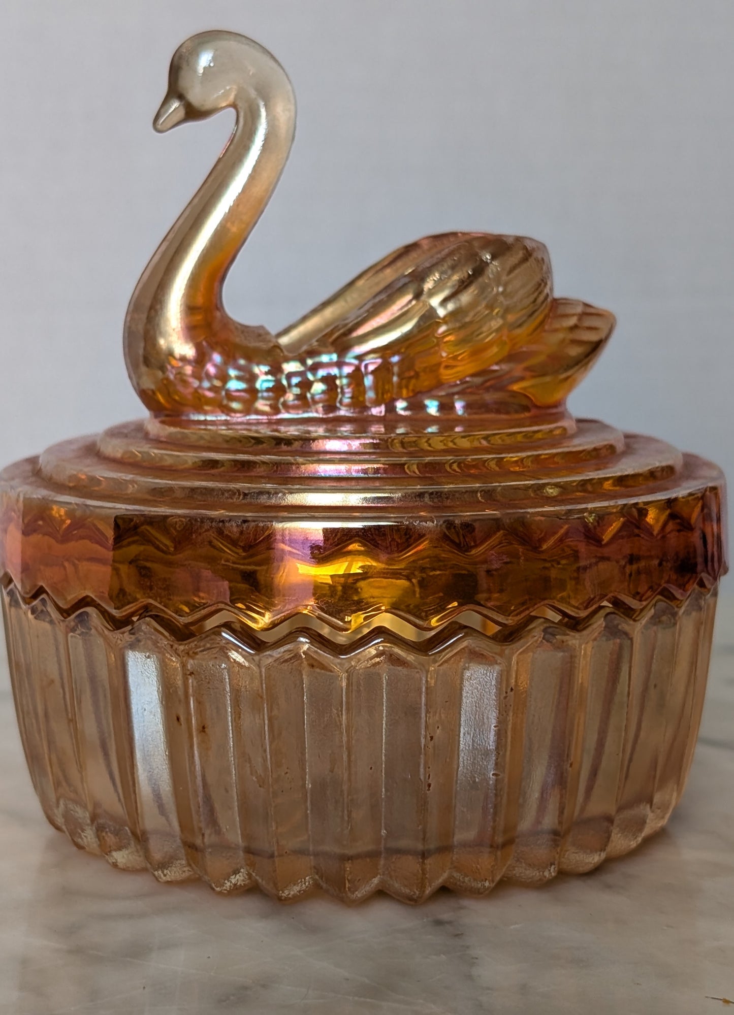 Swan Carnival Glass Trinket Jar