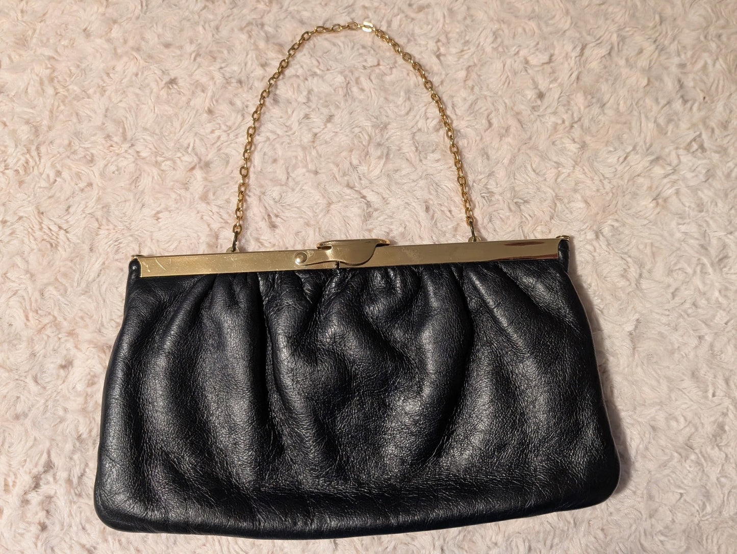 Vintage Black Leather & Brass Clutch Purse