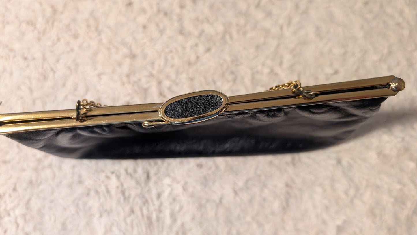 Vintage Black Leather & Brass Clutch Purse