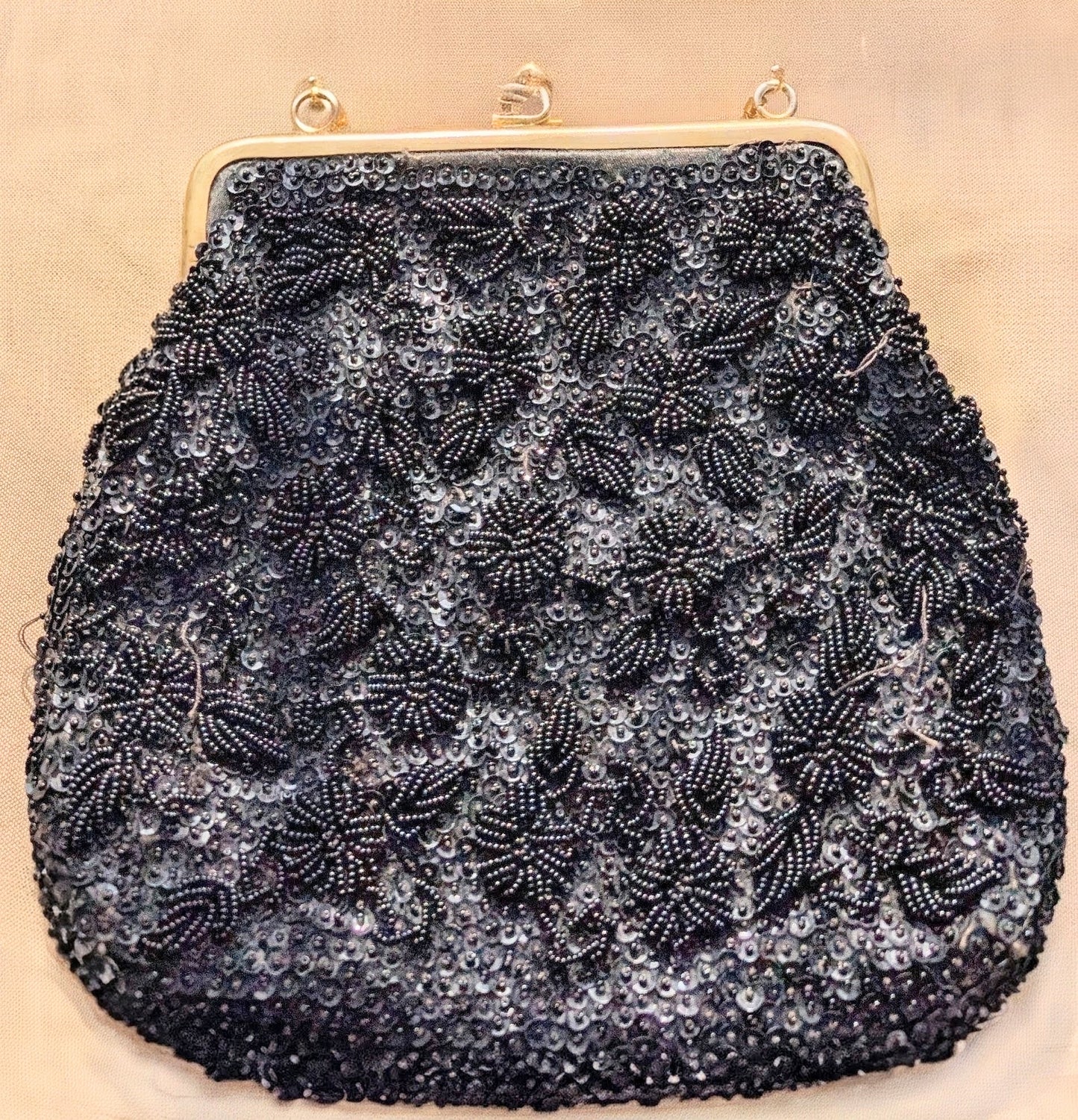 Vintage Black Beaded Flower Purse