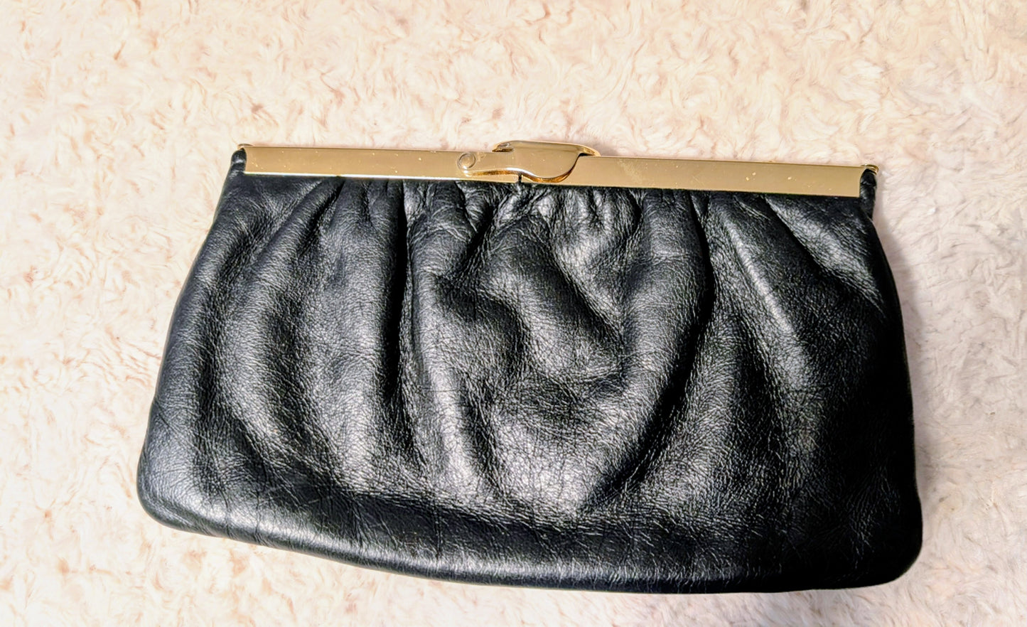 Vintage Black Leather & Brass Clutch Purse