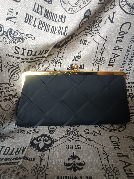 Vintage Black Satin Clutch Bag with Brass Trim Closure