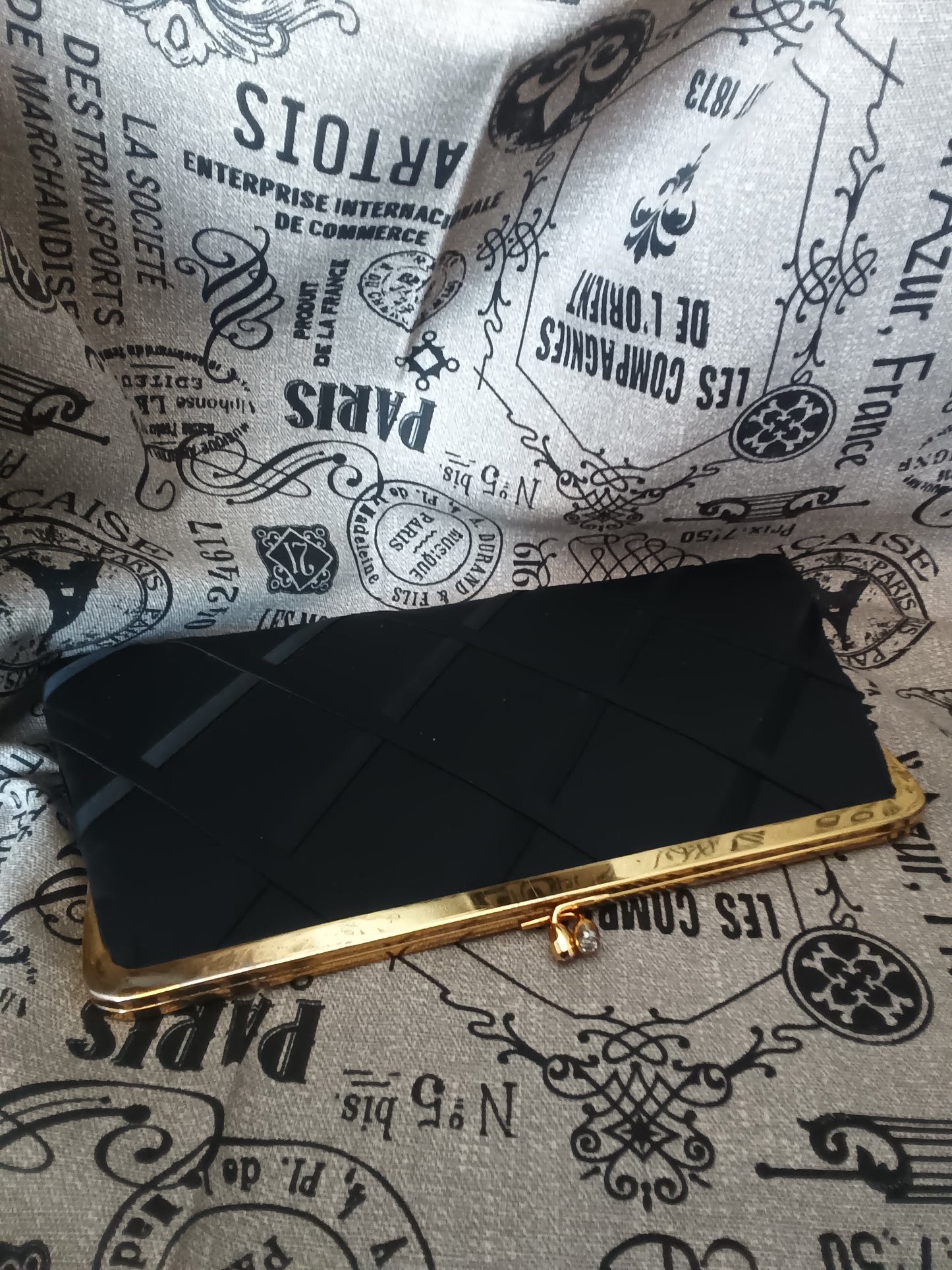 Vintage Black Satin Clutch Bag with Brass Trim Closure
