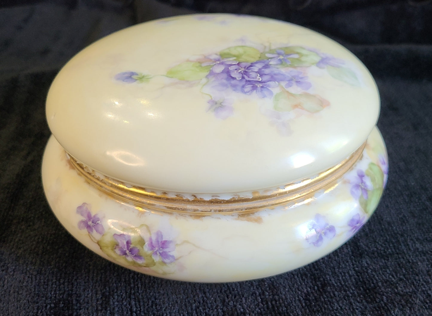 Limoge Trinket Jar - Cream w/Purple Pansy Flowers