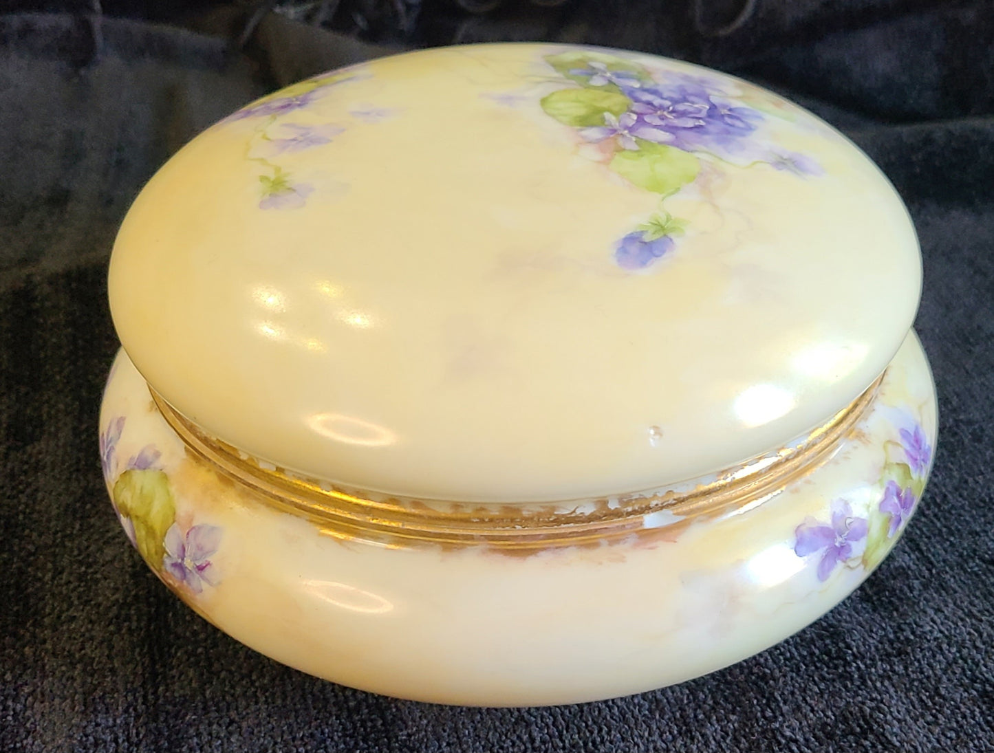 Limoge Trinket Jar - Cream w/Purple Pansy Flowers