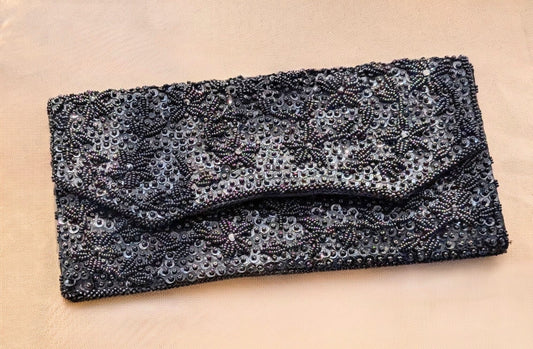 Vintage Rectangle Black Beaded Clutch