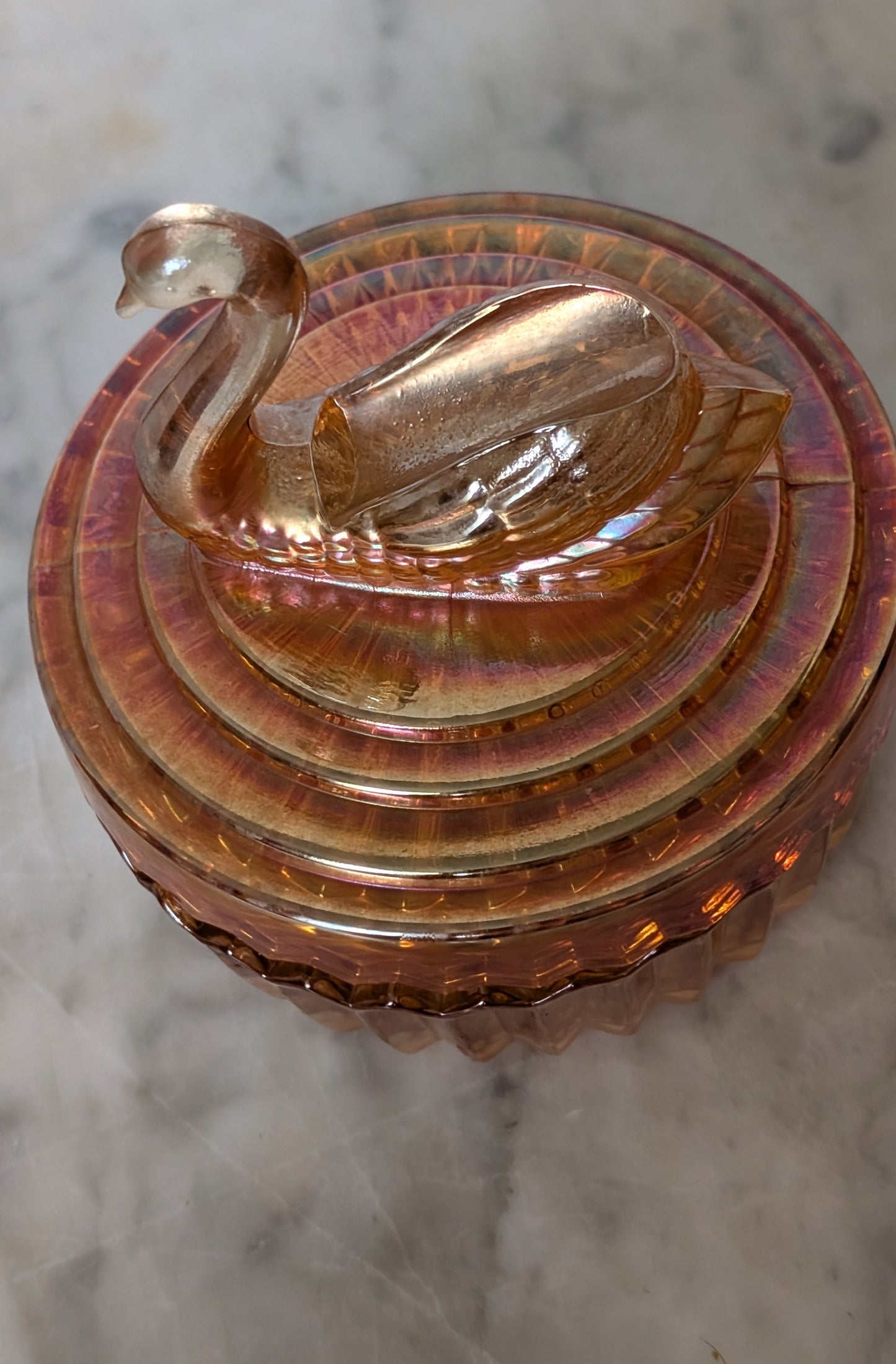 Swan Carnival Glass Trinket Jar
